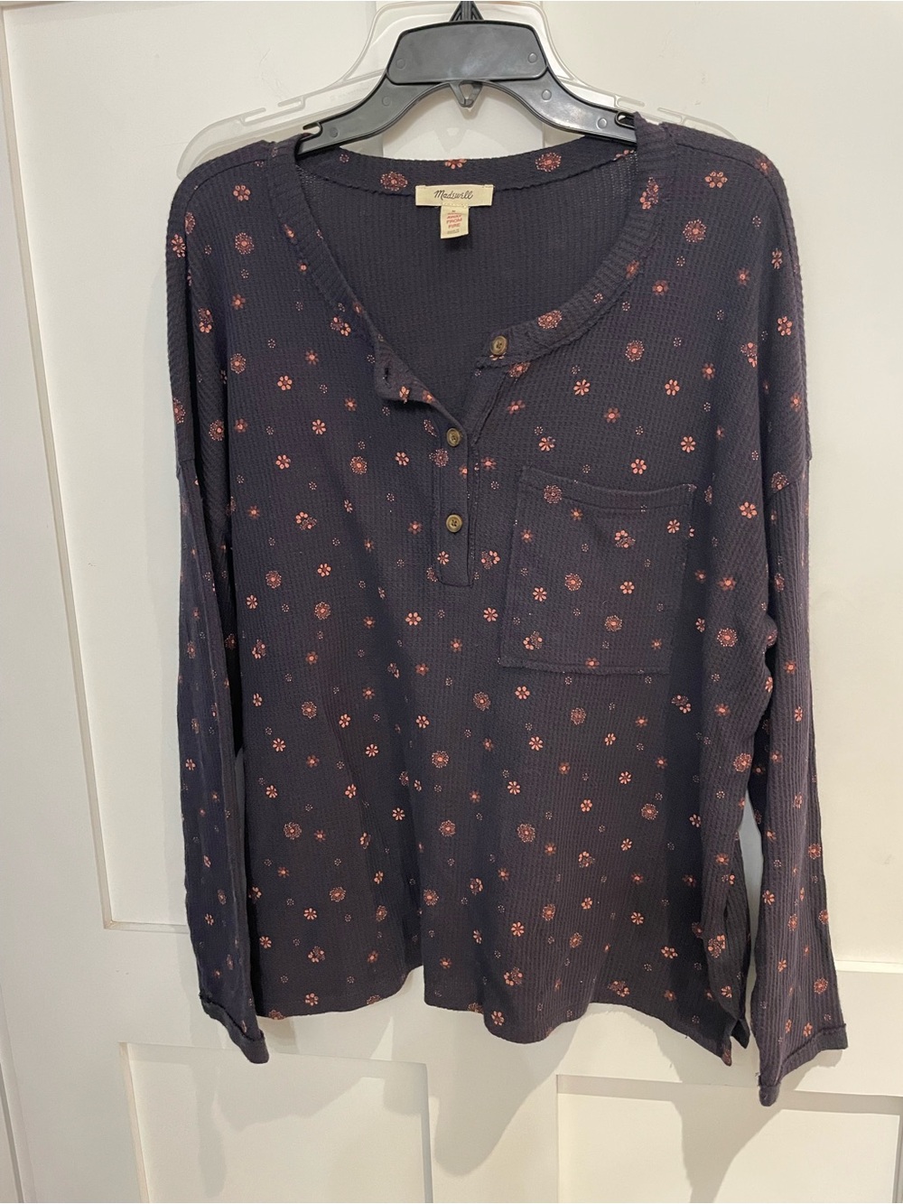 Madewell Navy Blue Floral Henley Long Sleeve Top size Medium